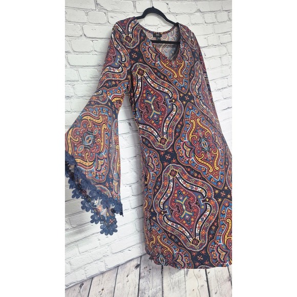 MSK Womens Southwest Paisley Boho Shift Dress Blue Red Bell Sleeve Lace Trim L - Picture 3 of 7